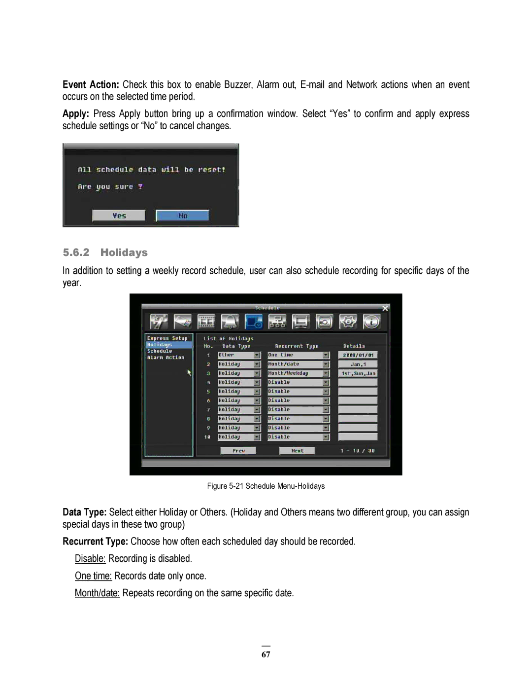 EverFocus 264x2, 264x4 instruction manual Schedule Menu-Holidays 