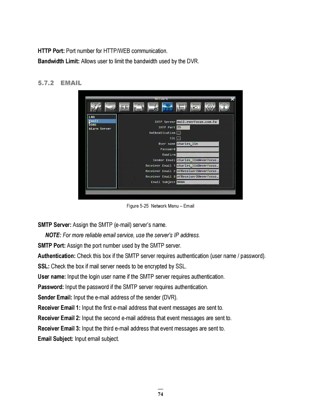 EverFocus 264x4, 264x2 instruction manual Network Menu Email 