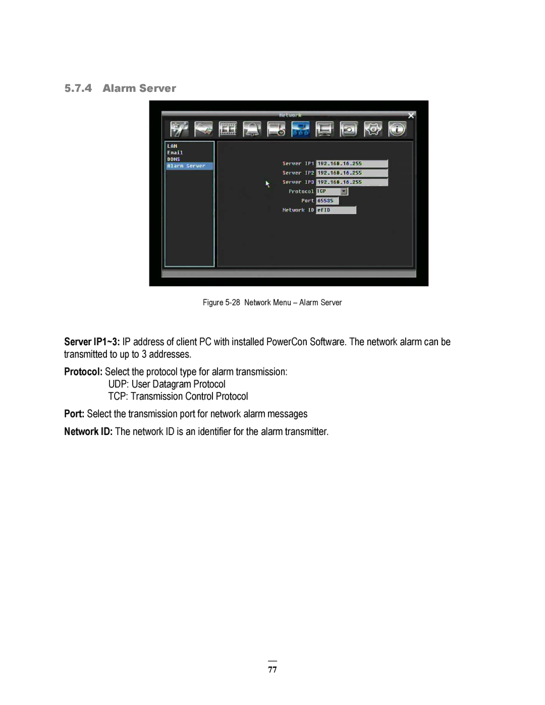 EverFocus 264x2, 264x4 instruction manual Network Menu Alarm Server 