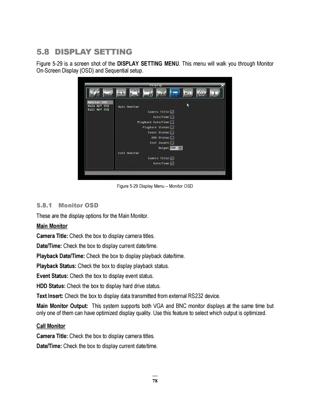 EverFocus 264x4, 264x2 instruction manual Display Setting, Monitor OSD, Main Monitor, Call Monitor 