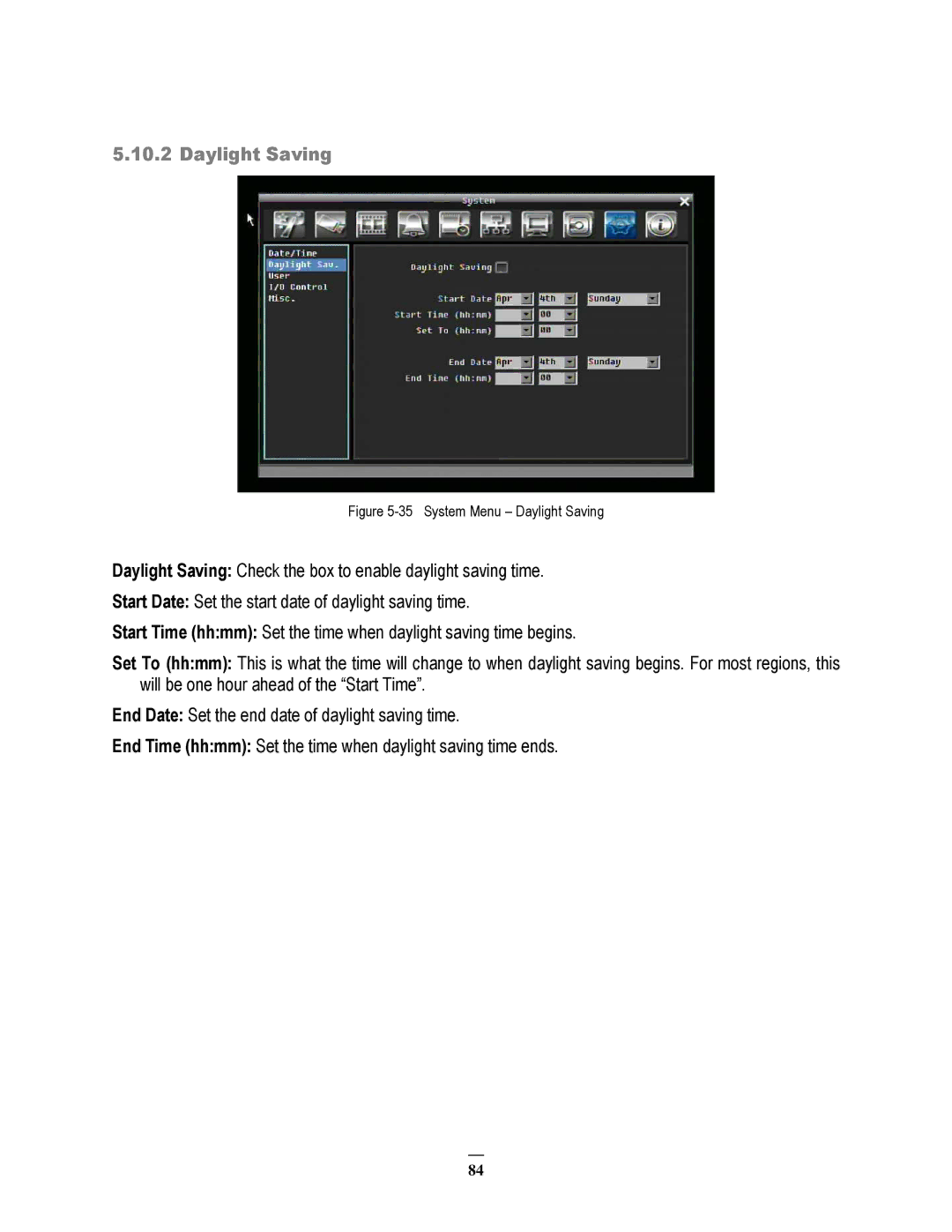 EverFocus 264x4, 264x2 instruction manual System Menu Daylight Saving 