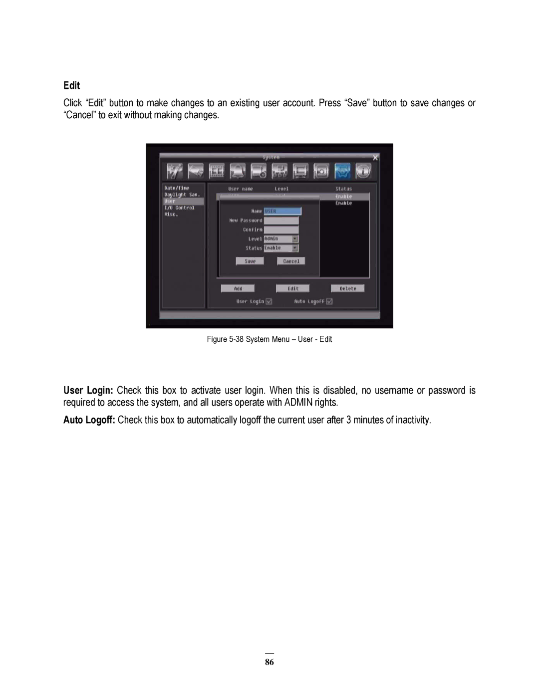 EverFocus 264x4, 264x2 instruction manual System Menu User Edit 