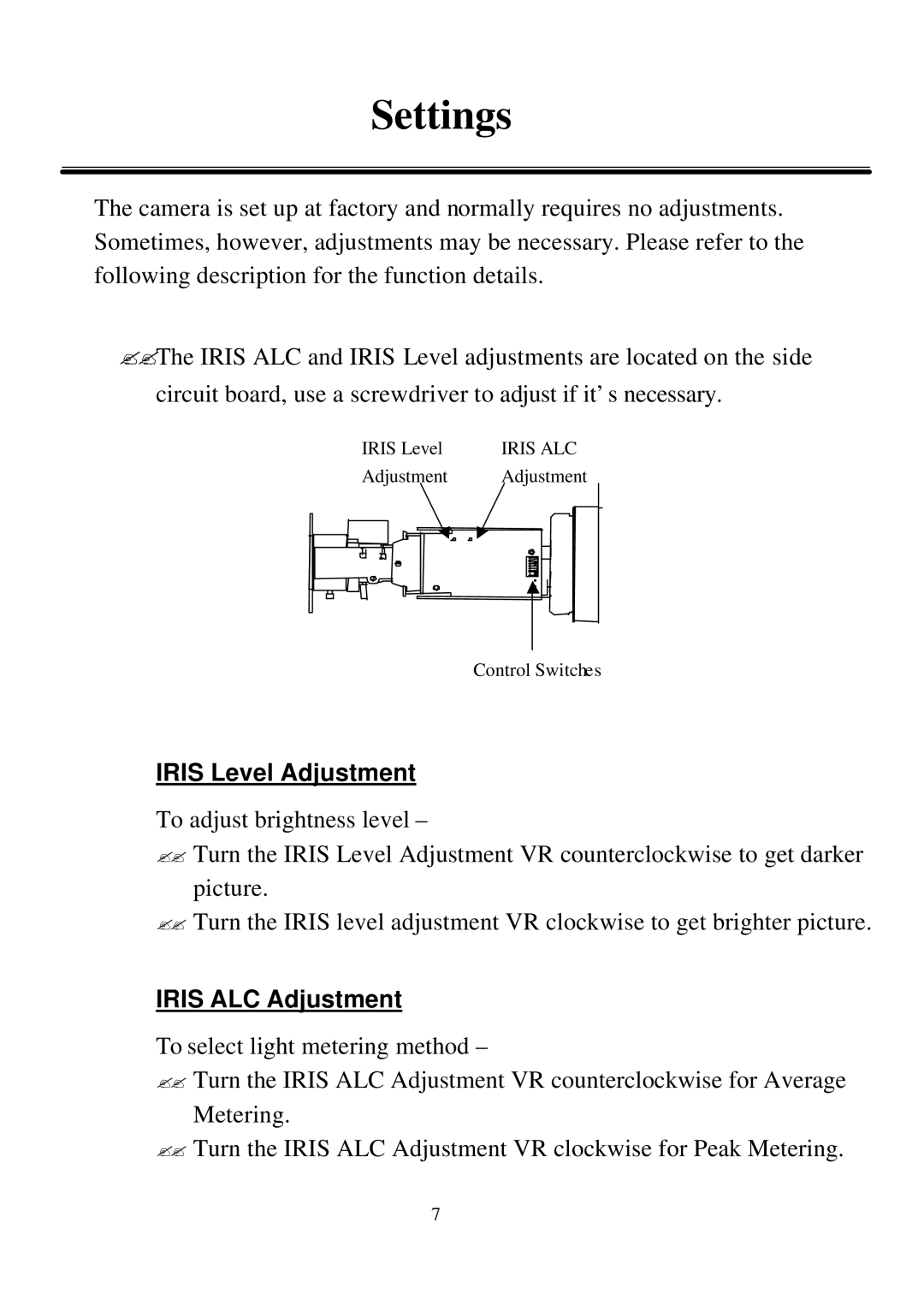 EverFocus 350HQ, 550EX user manual Settings, Iris Level Adjustment, Iris ALC Adjustment 