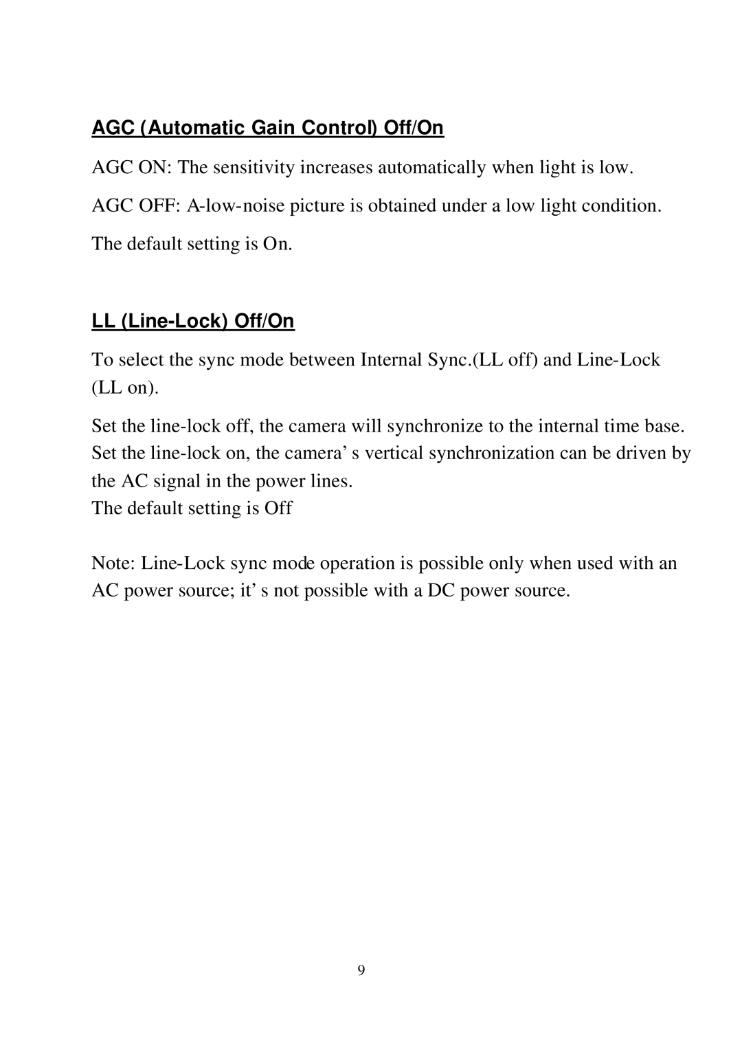 EverFocus 350HQ, 550EX user manual AGC Automatic Gain Control Off/On, LL Line-Lock Off/On 