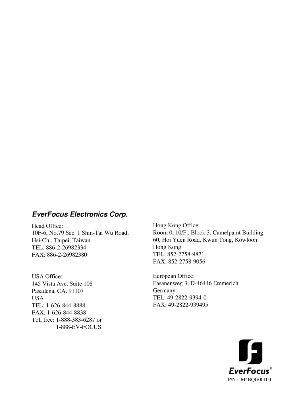 EverFocus 4BQ user manual EverFocus Electronics Corp 