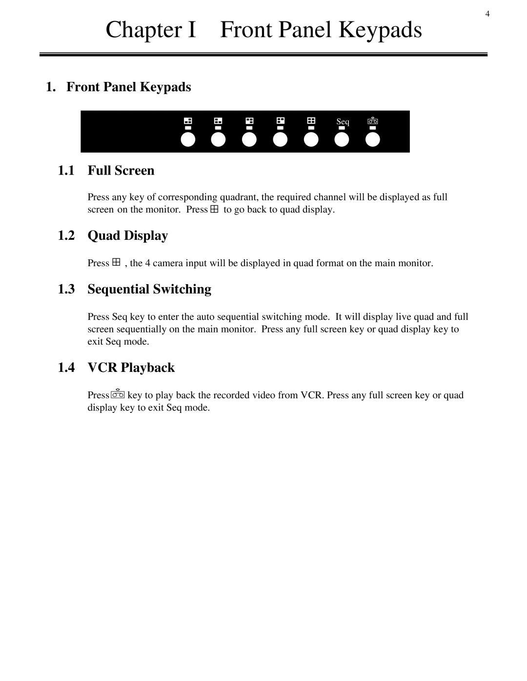 EverFocus 4BQ user manual Chapter I Front Panel Keypads 