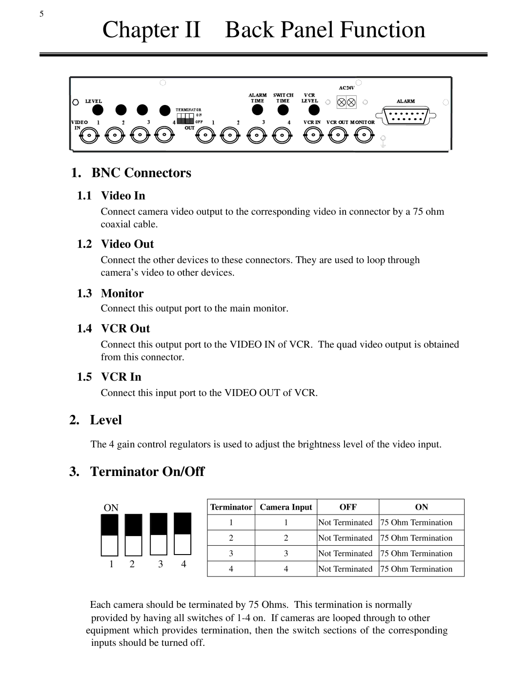 EverFocus 4BQ user manual Chapter II Back Panel Function, BNC Connectors, Level, Terminator On/Off 