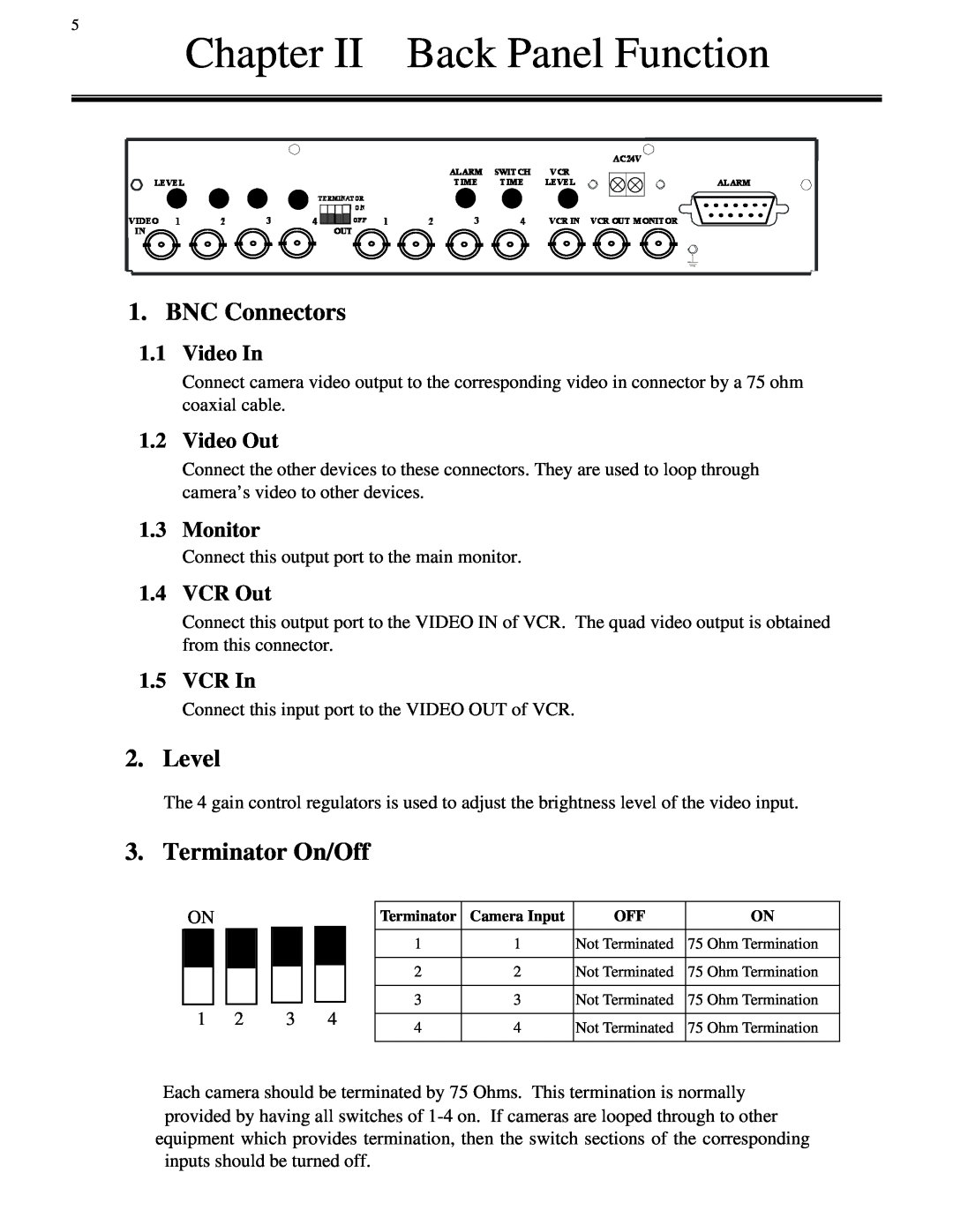 EverFocus 4BQ user manual Chapter II Back Panel Function, BNC Connectors, Level, Terminator On/Off 