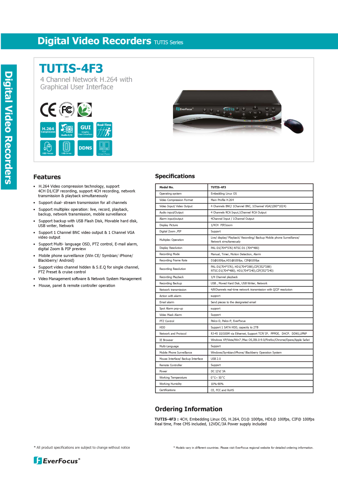 EverFocus specifications TUTIS-4F3, Features, Ordering Information 