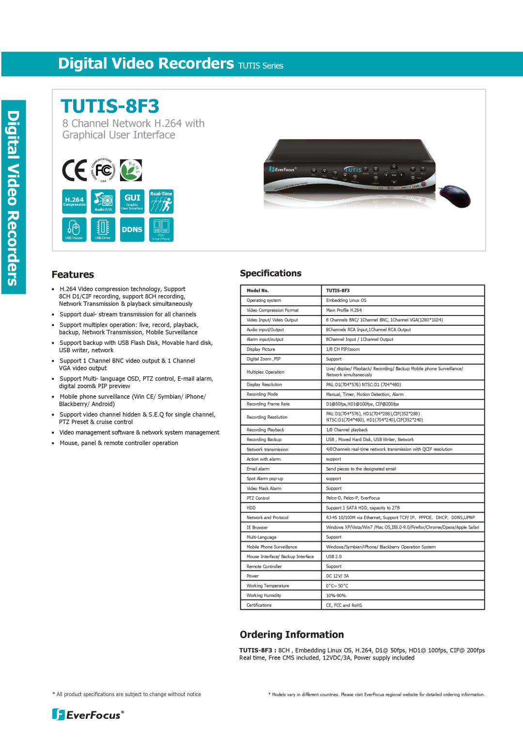 EverFocus 4F3 specifications TUTIS-8F3 