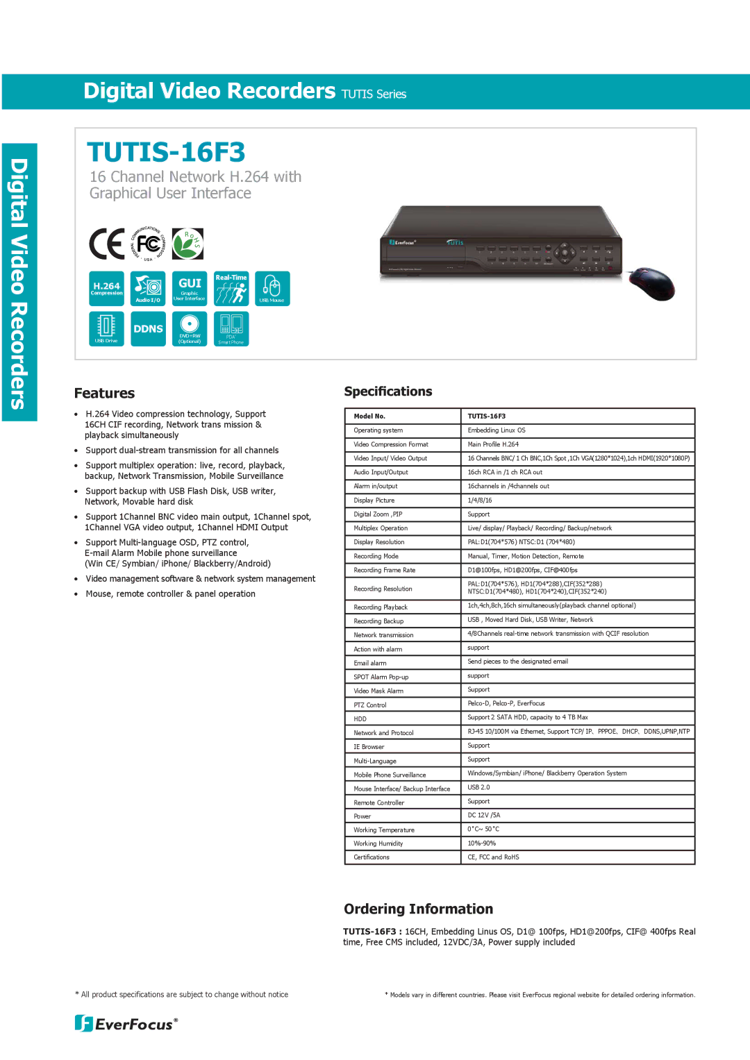 EverFocus 4F3 specifications TUTIS-16F3 