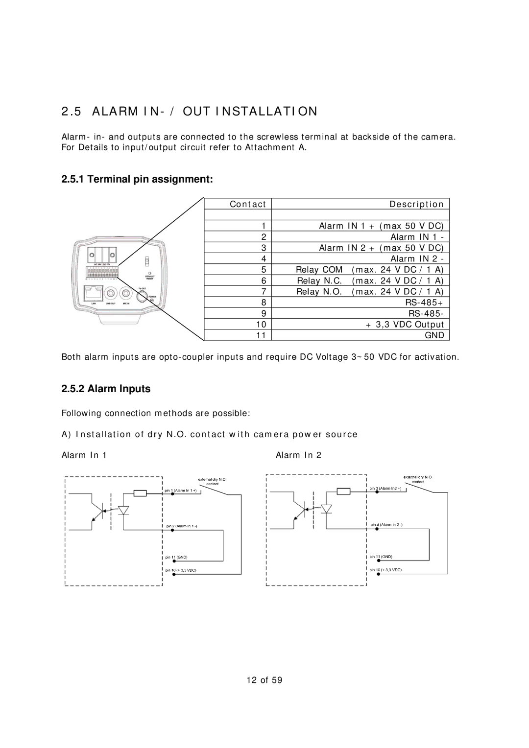 EverFocus EAN-1350 manual Alarm IN- / OUT Installation, Terminal pin assignment, Alarm Inputs, Contact Description 