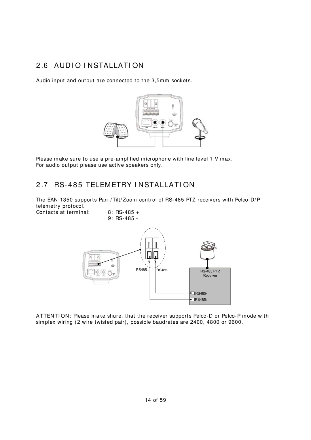 EverFocus EAN-1350 manual Audio Installation, RS-485 Telemetry Installation 