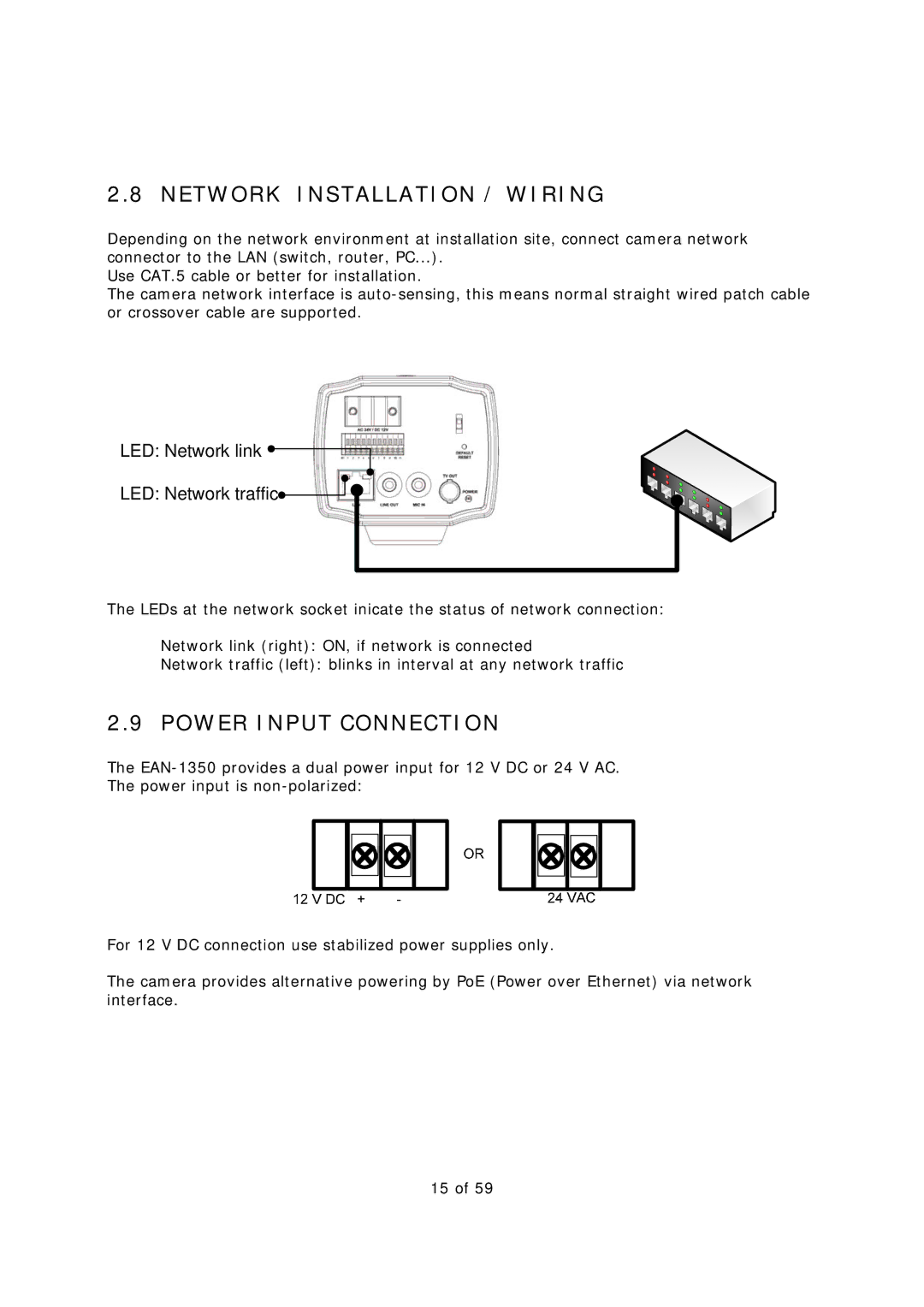 EverFocus EAN-1350 manual Network Installation / Wiring, Power Input Connection 