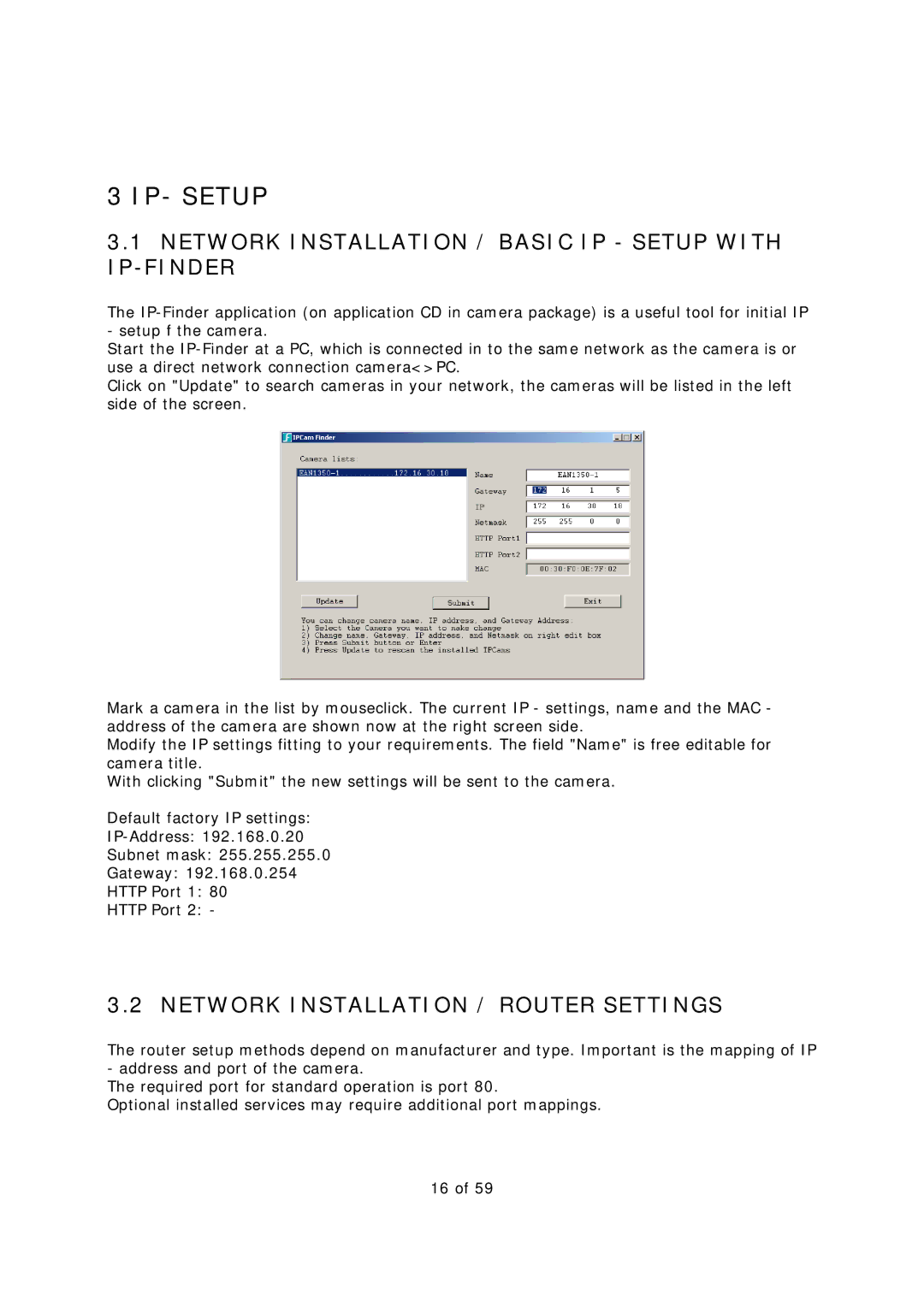 EverFocus EAN-1350 IP- Setup, Network Installation / Basic IP Setup with IP-FINDER, Network Installation / Router Settings 