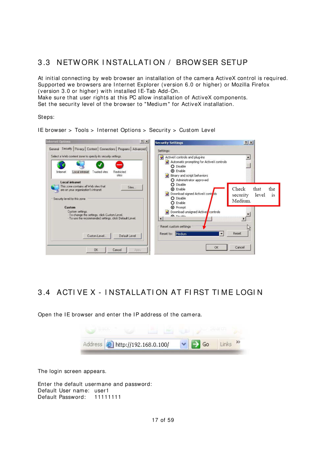 EverFocus EAN-1350 manual Network Installation / Browser Setup, Active X Installation AT First Time Login 