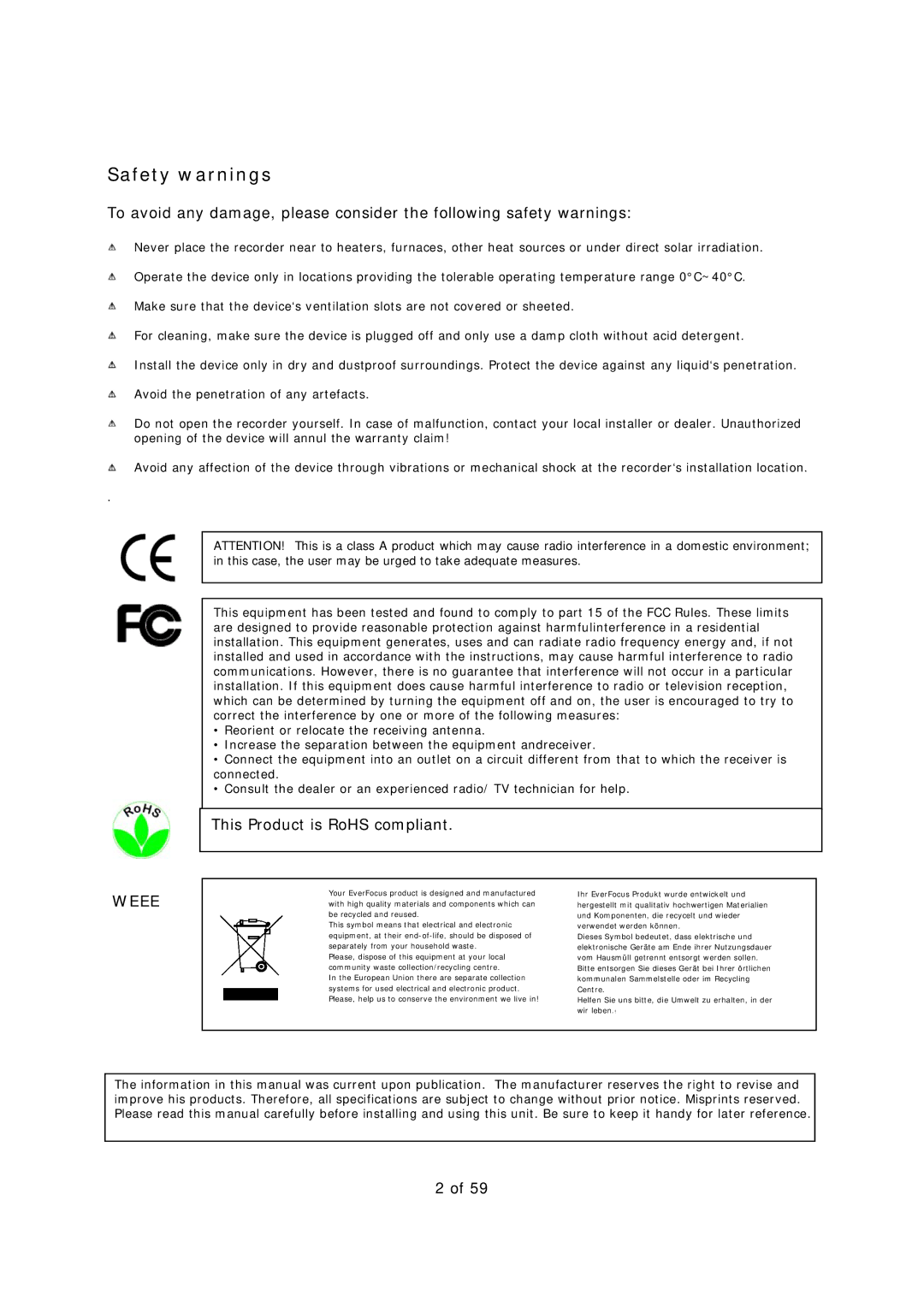 EverFocus EAN-1350 manual Safety warnings, Weee 