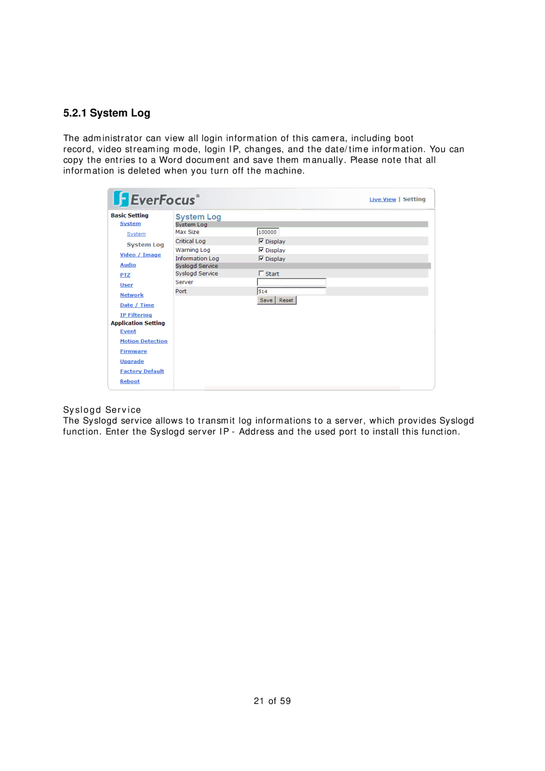 EverFocus EAN-1350 manual System Log, Syslogd Service 