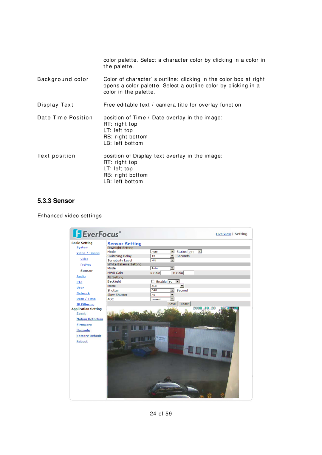 EverFocus EAN-1350 manual Sensor, Background color, Display Text, Date Time Position, Text position 