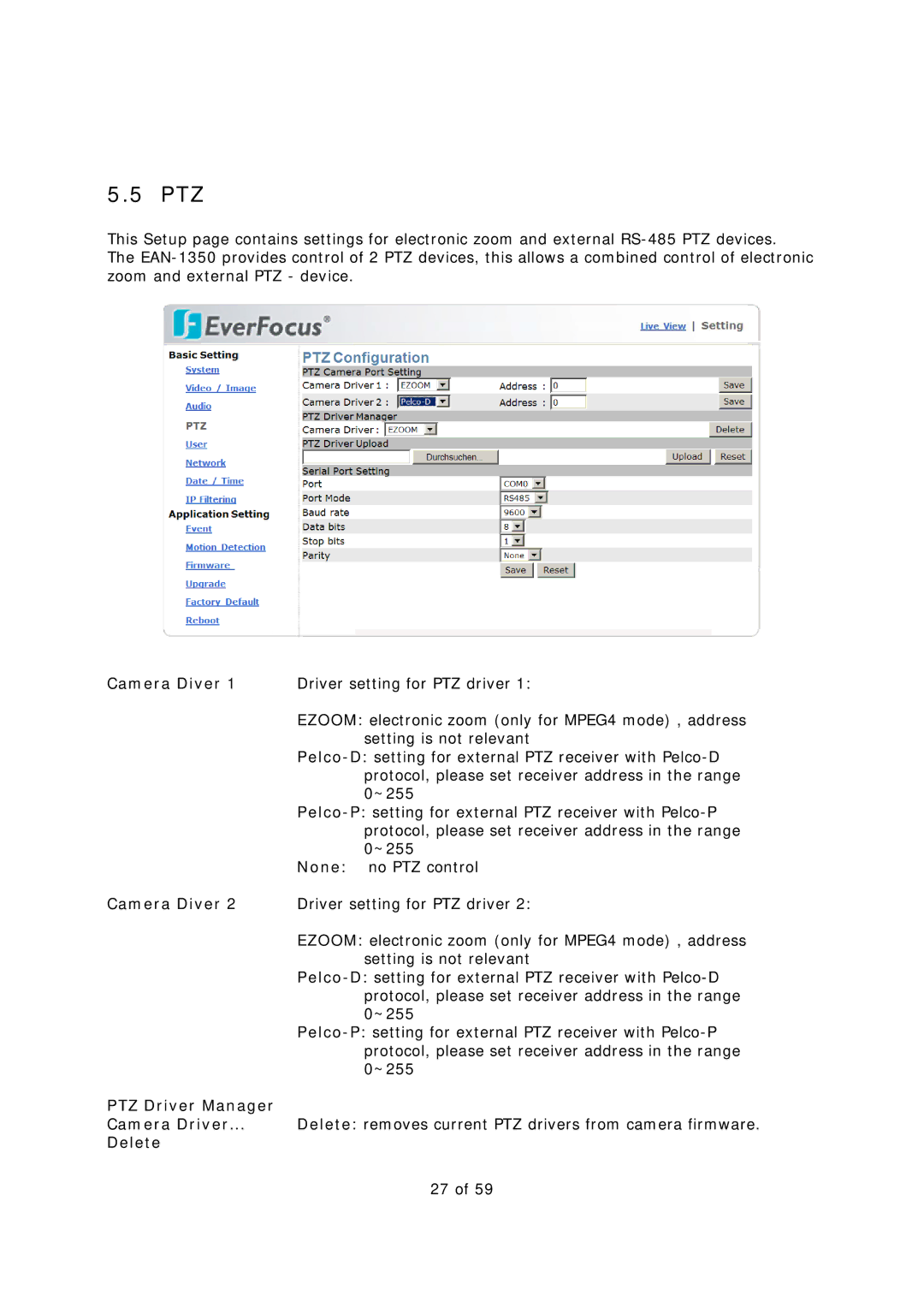 EverFocus EAN-1350 manual PTZ Driver Manager, Delete 