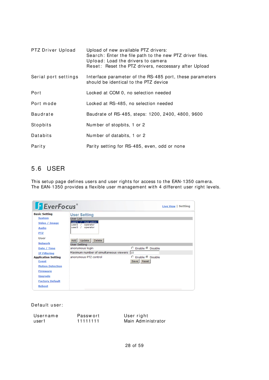 EverFocus EAN-1350 manual PTZ Driver Upload, Serial port settings, Port mode, Baudrate, Stopbits, Databits, Parity 