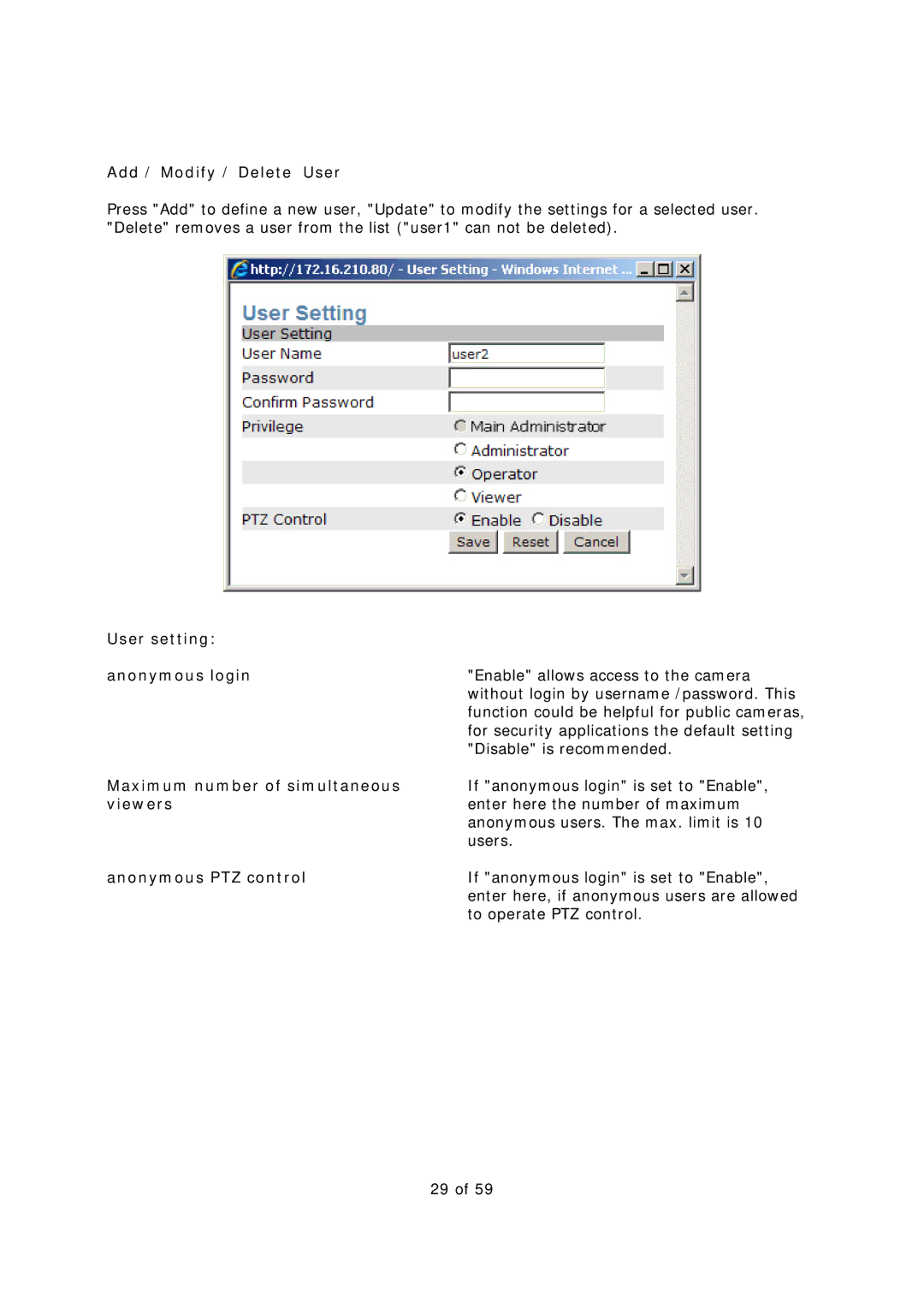 EverFocus EAN-1350 manual Add / Modify / Delete User, User setting Anonymous login, Maximum number of simultaneous, Viewers 