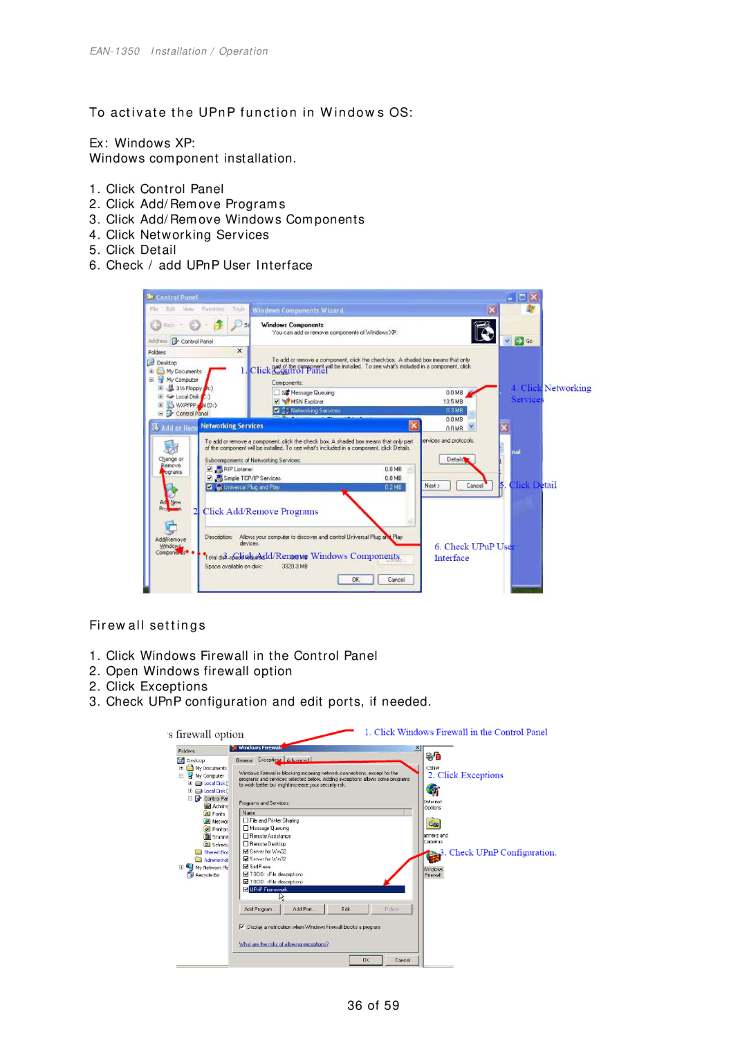 EverFocus EAN-1350 manual To activate the UPnP function in Windows OS, Firewall settings 