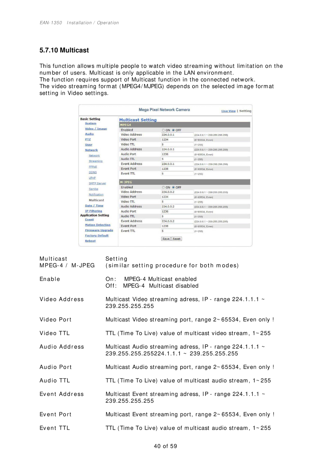 EverFocus EAN-1350 manual Multicast Setting, MPEG-4 / M-JPEG, Similar setting procedure for both modes 