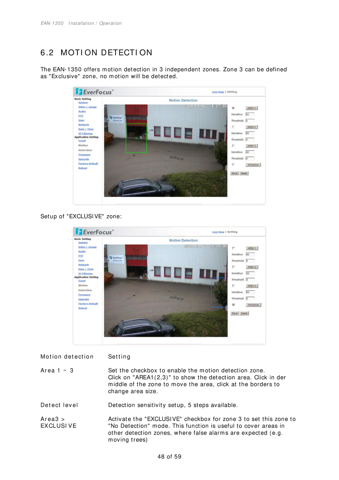 EverFocus EAN-1350 manual Motion Detection, Motion detection Setting Area 1 ~, Detect level, Area3, Exclusive 