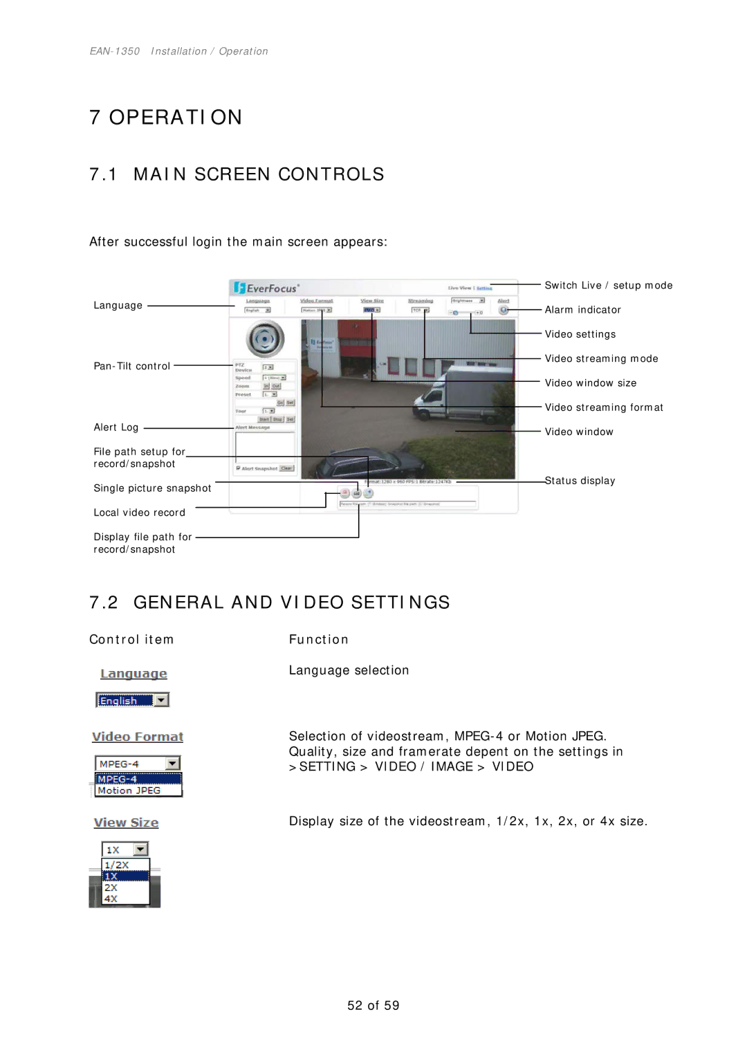 EverFocus EAN-1350 Operation, Main Screen Controls, General and Video Settings, Control item Function Language selection 