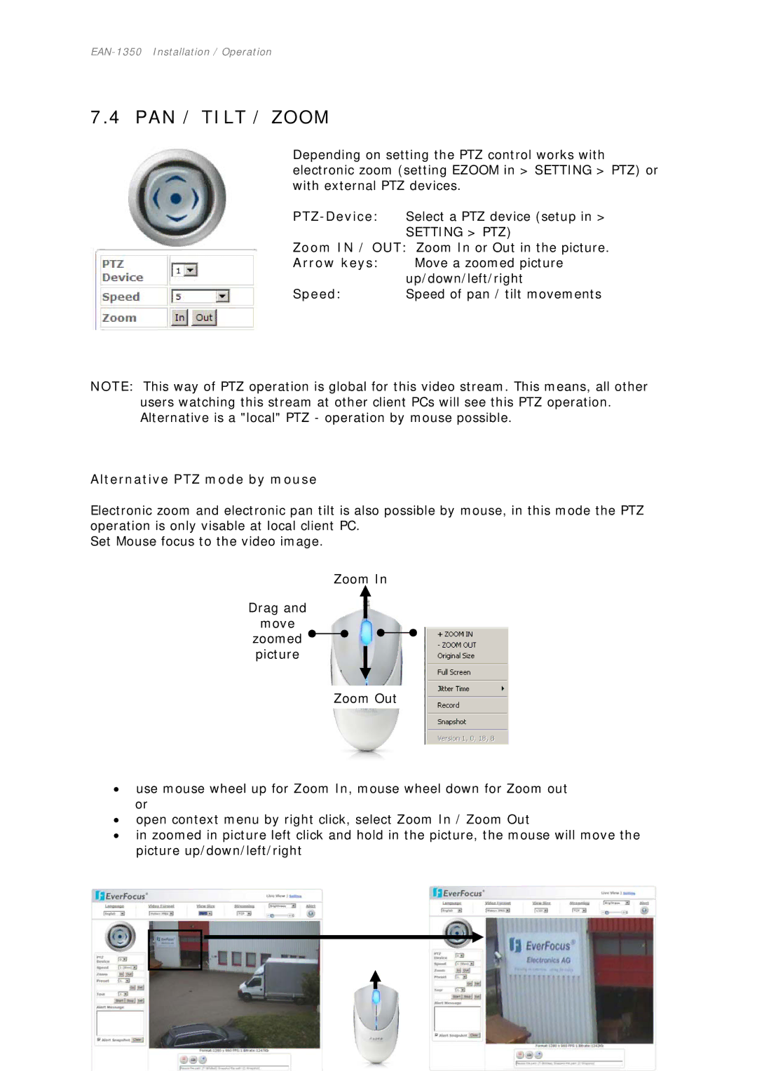 EverFocus EAN-1350 manual PAN / Tilt / Zoom, Alternative PTZ mode by mouse 