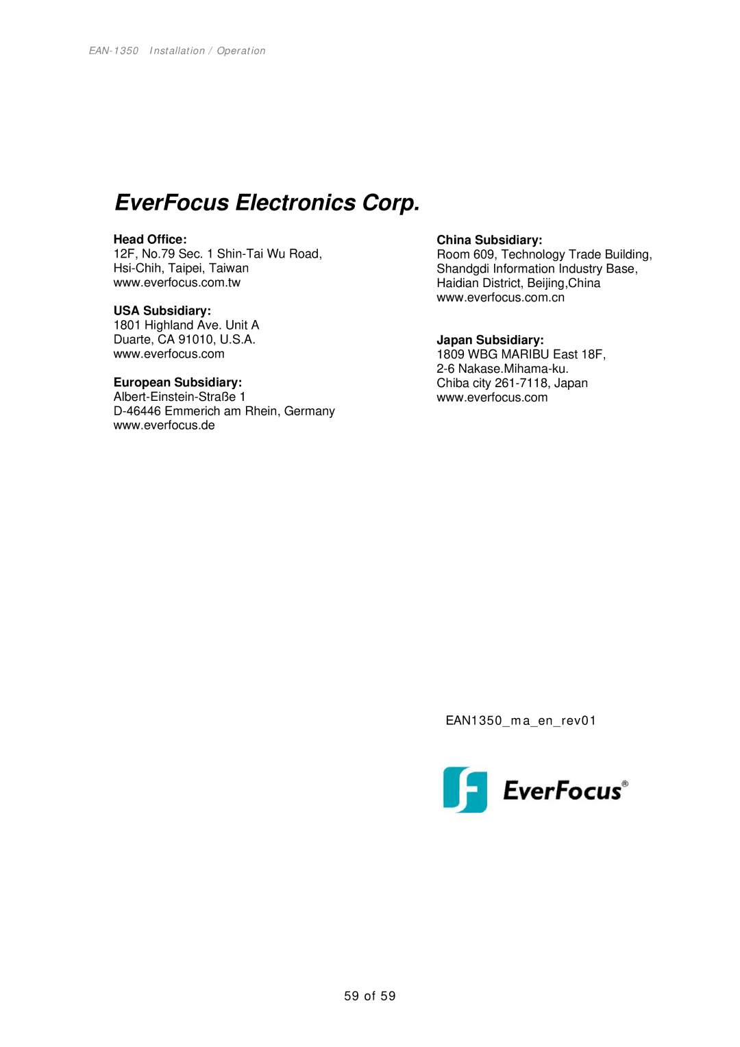 EverFocus EAN-1350 manual EverFocus Electronics Corp 