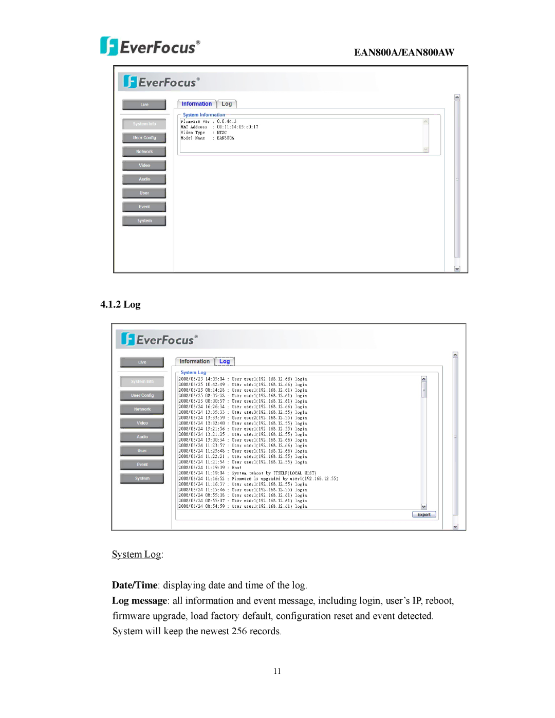 EverFocus EAN800AW user manual 2 Log 