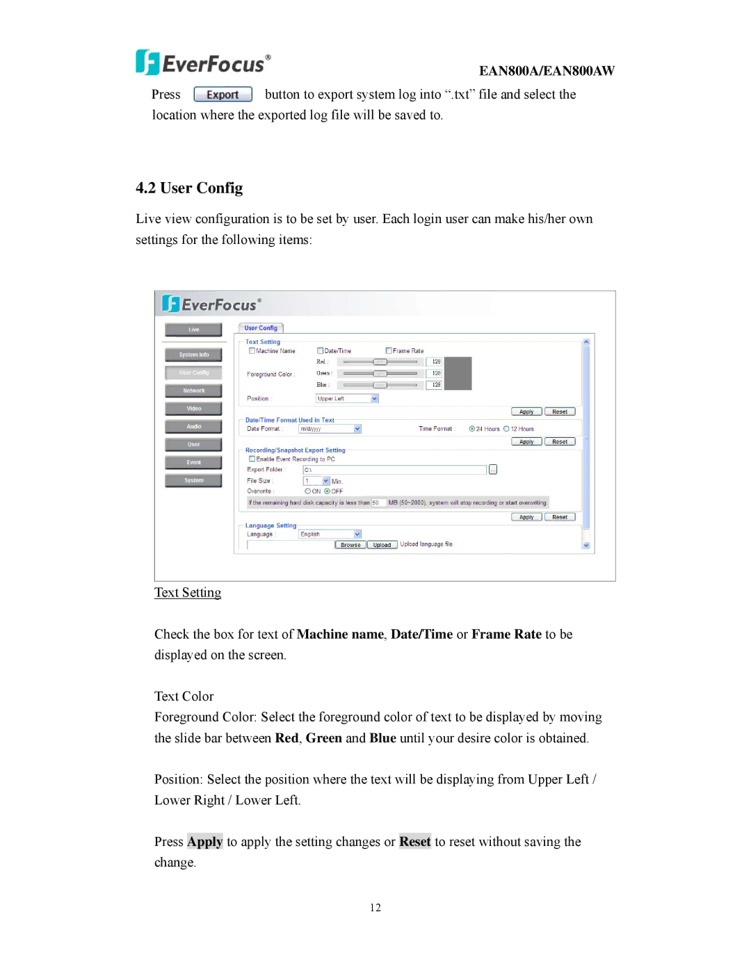 EverFocus EAN800AW user manual User Config 