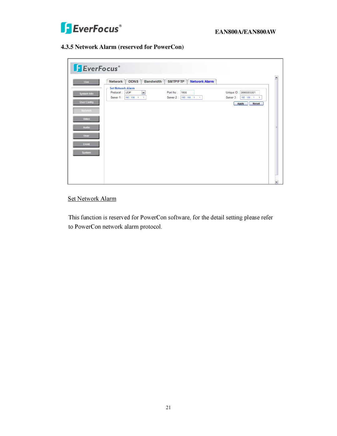 EverFocus EAN800AW user manual Network Alarm reserved for PowerCon 