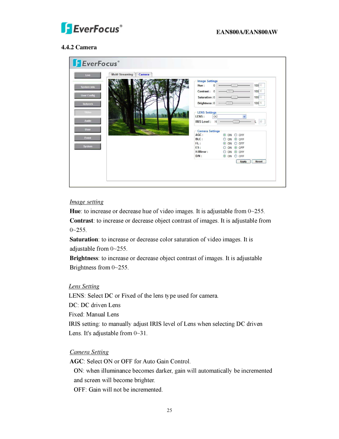 EverFocus EAN800AW user manual Camera, Image setting 