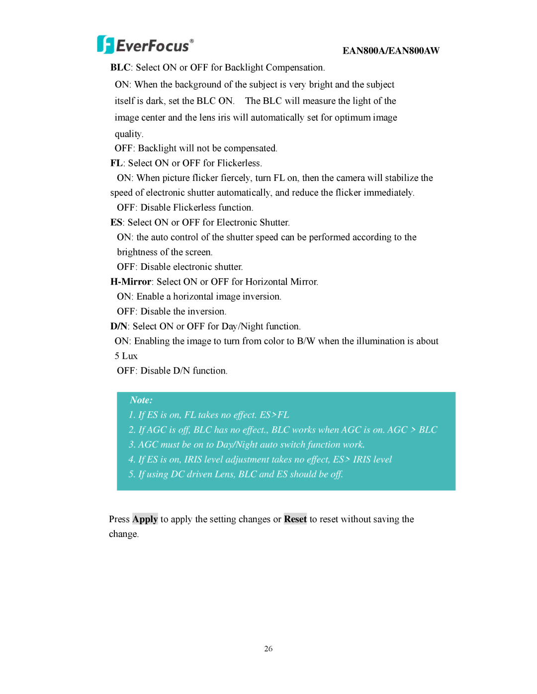 EverFocus user manual EAN800A/EAN800AW 