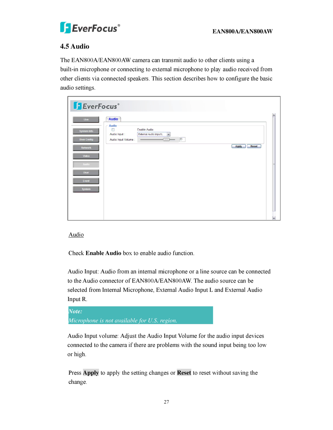 EverFocus EAN800AW user manual Audio, Microphone is not available for U.S. region 