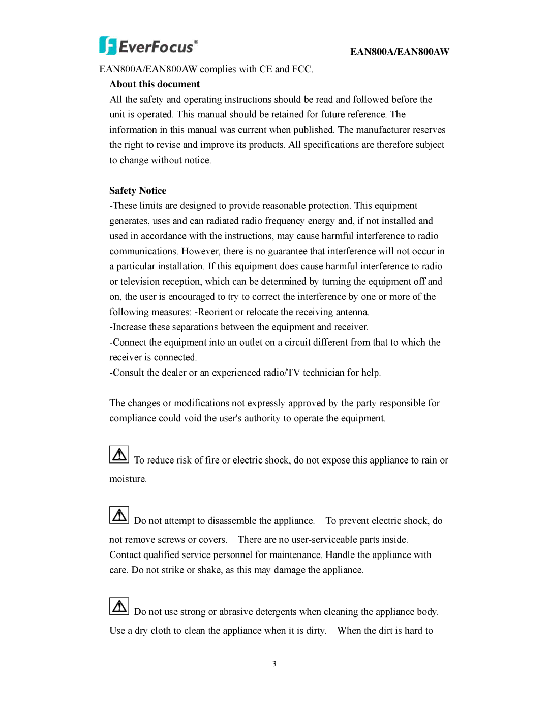 EverFocus EAN800AW user manual About this document, Safety Notice 