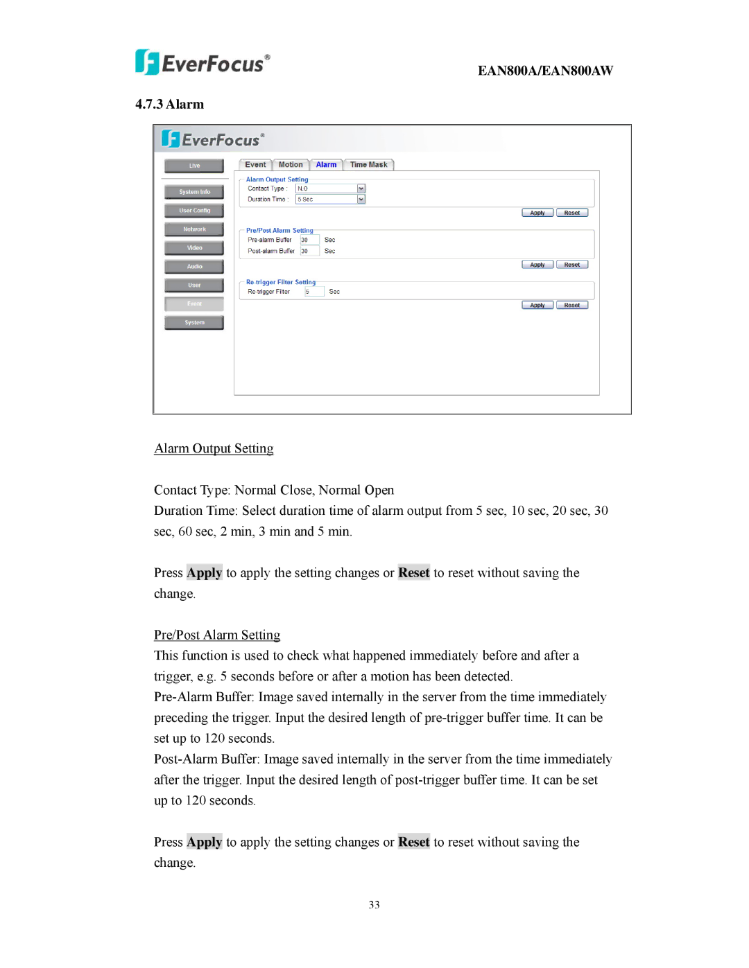 EverFocus EAN800AW user manual Alarm 