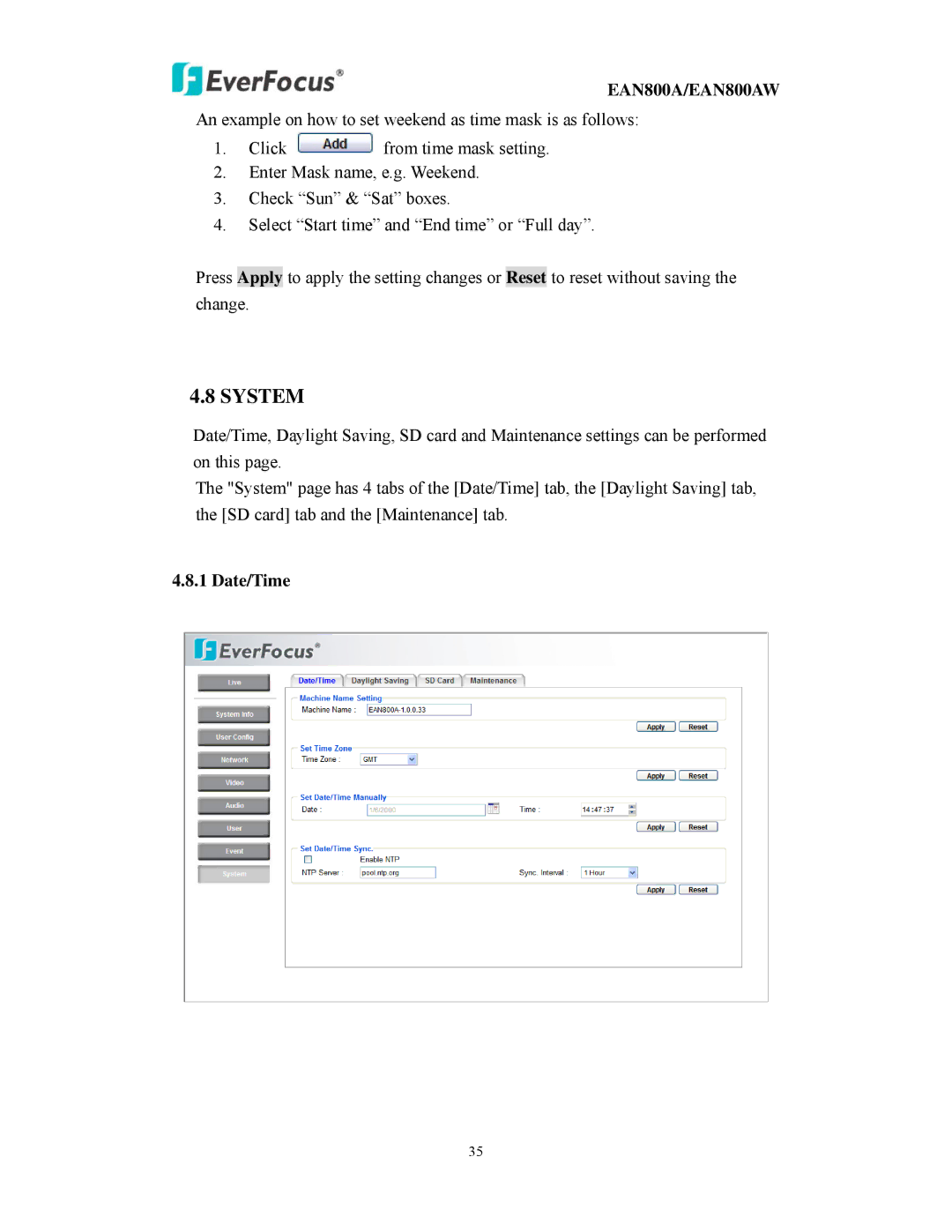 EverFocus EAN800AW user manual System, Date/Time 