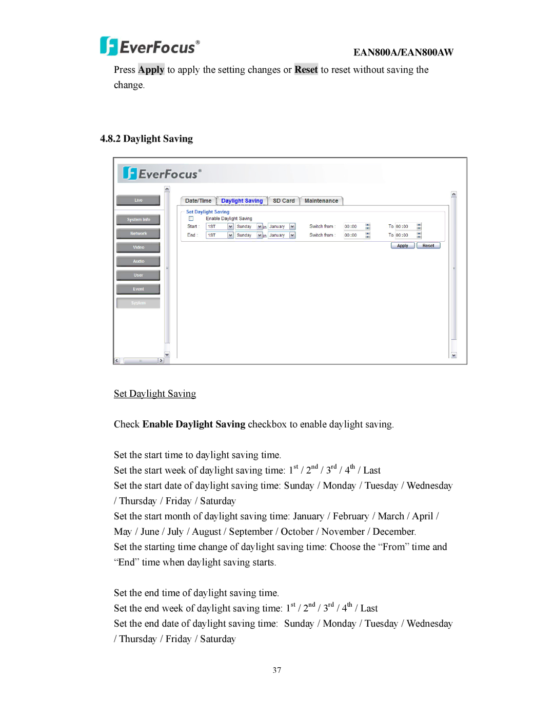 EverFocus EAN800AW user manual Daylight Saving 