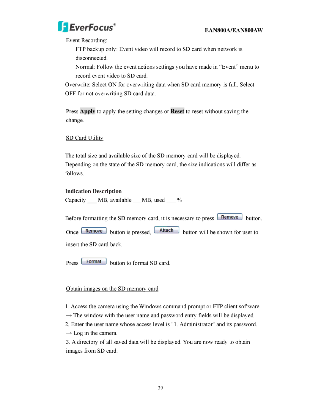 EverFocus EAN800AW user manual Indication Description 