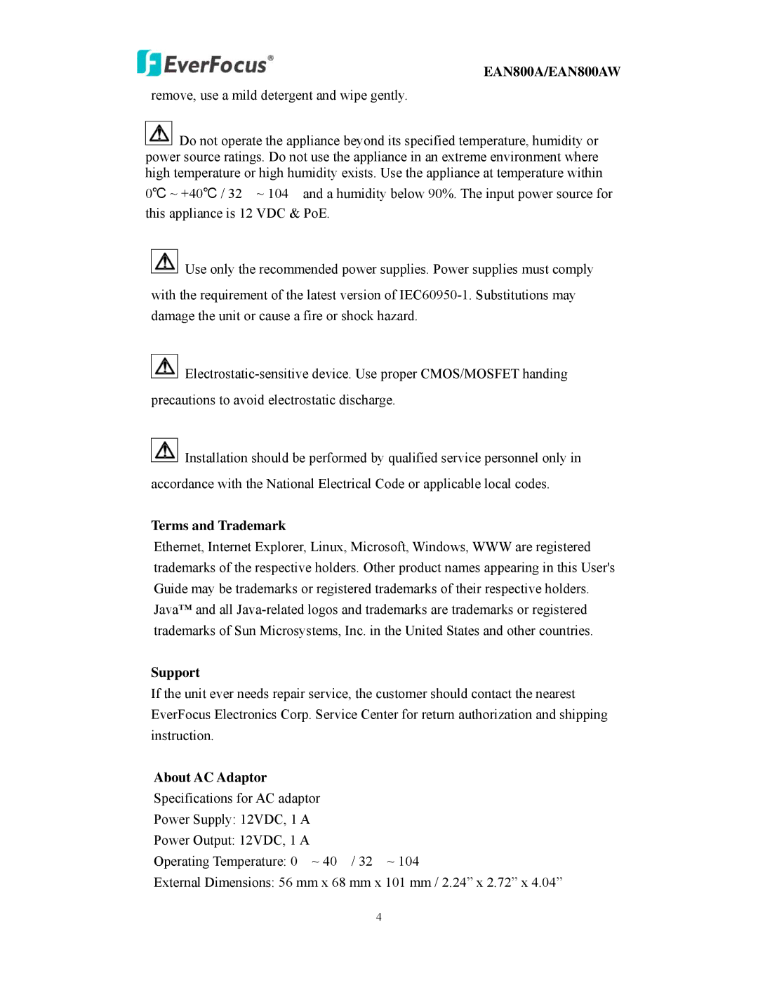 EverFocus EAN800AW user manual Terms and Trademark, Support, About AC Adaptor 