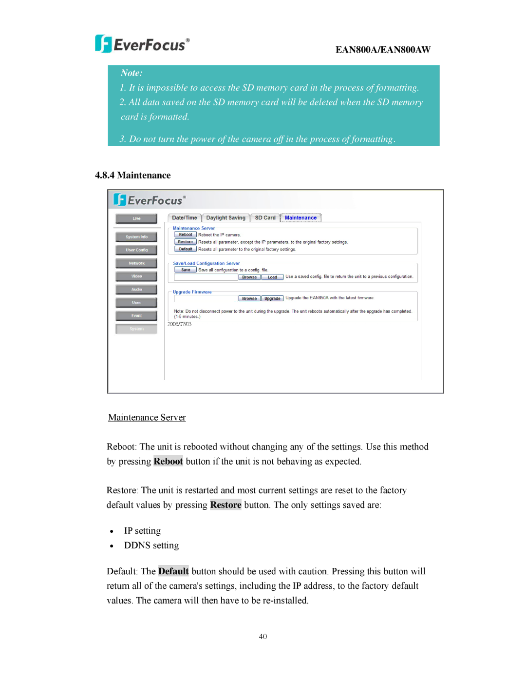 EverFocus EAN800AW user manual Maintenance 