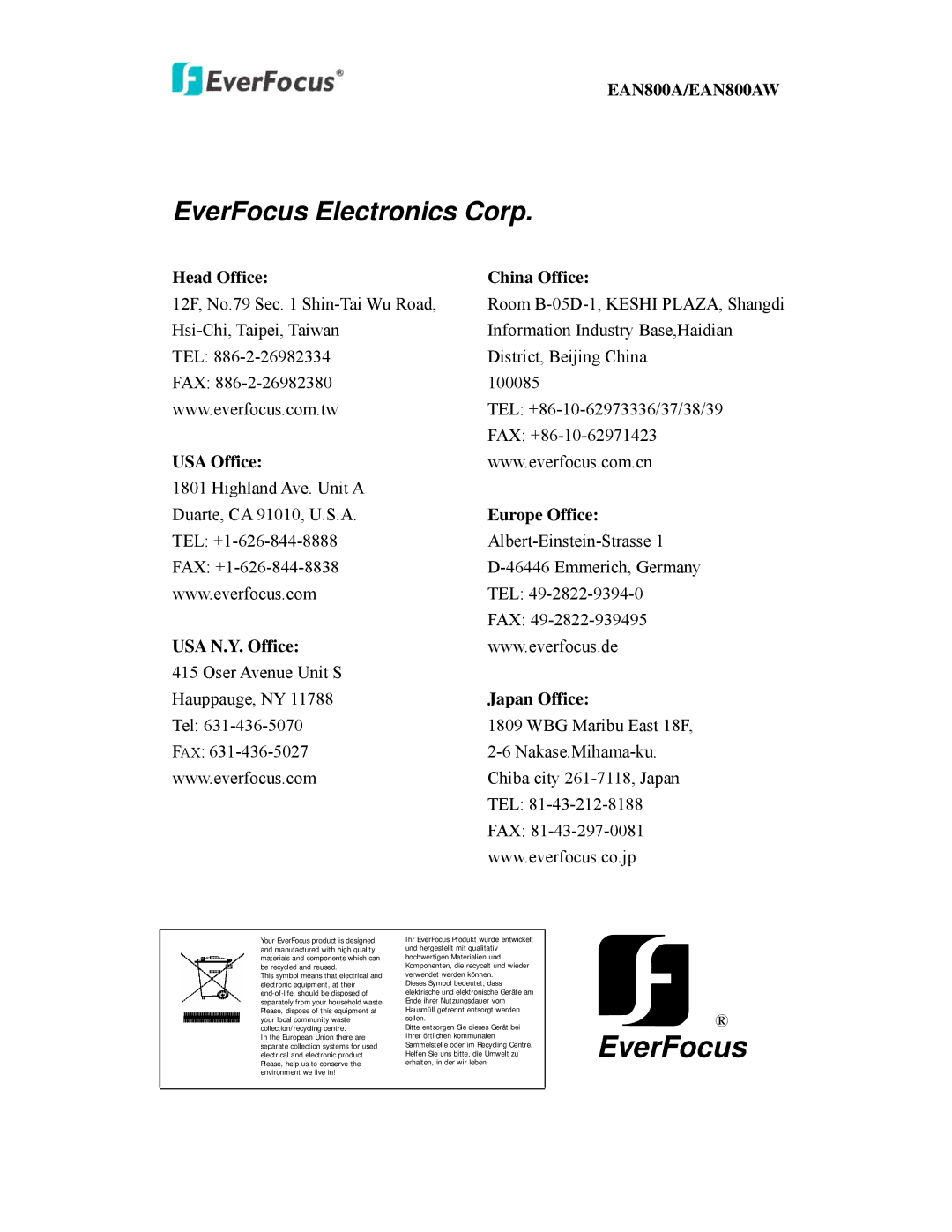 EverFocus EAN800AW user manual Head Office China Office, USA Office, Europe Office, USA N.Y. Office, Japan Office 