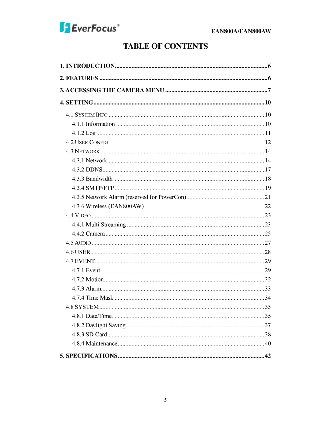 EverFocus EAN800AW user manual Table of Contents 