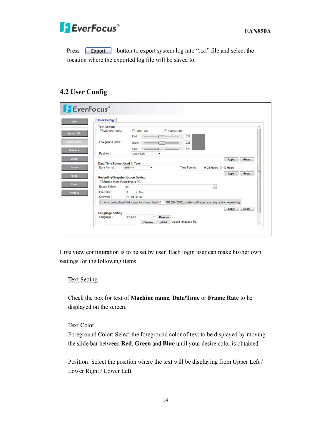 EverFocus EAN850A user manual User Config 