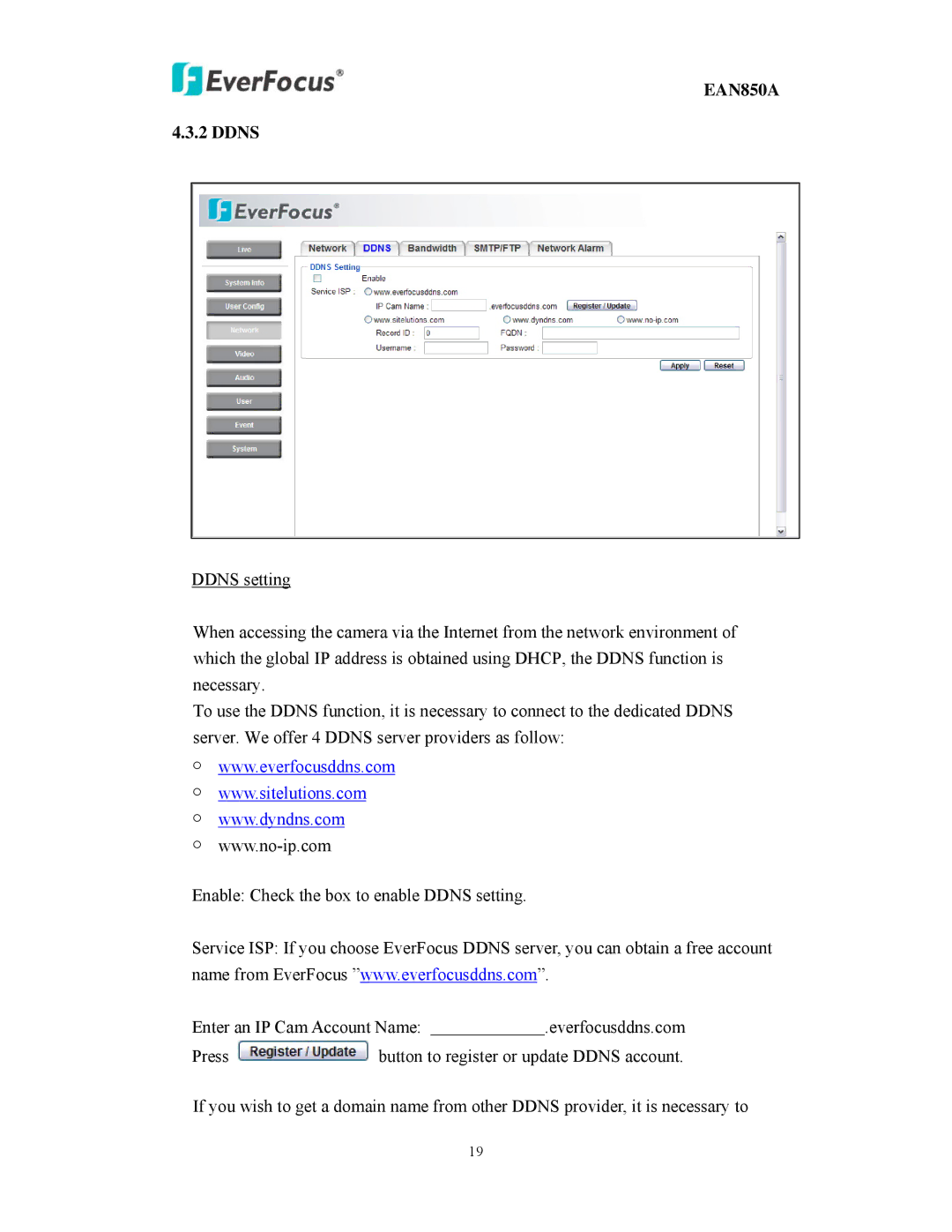 EverFocus EAN850A user manual Ddns 