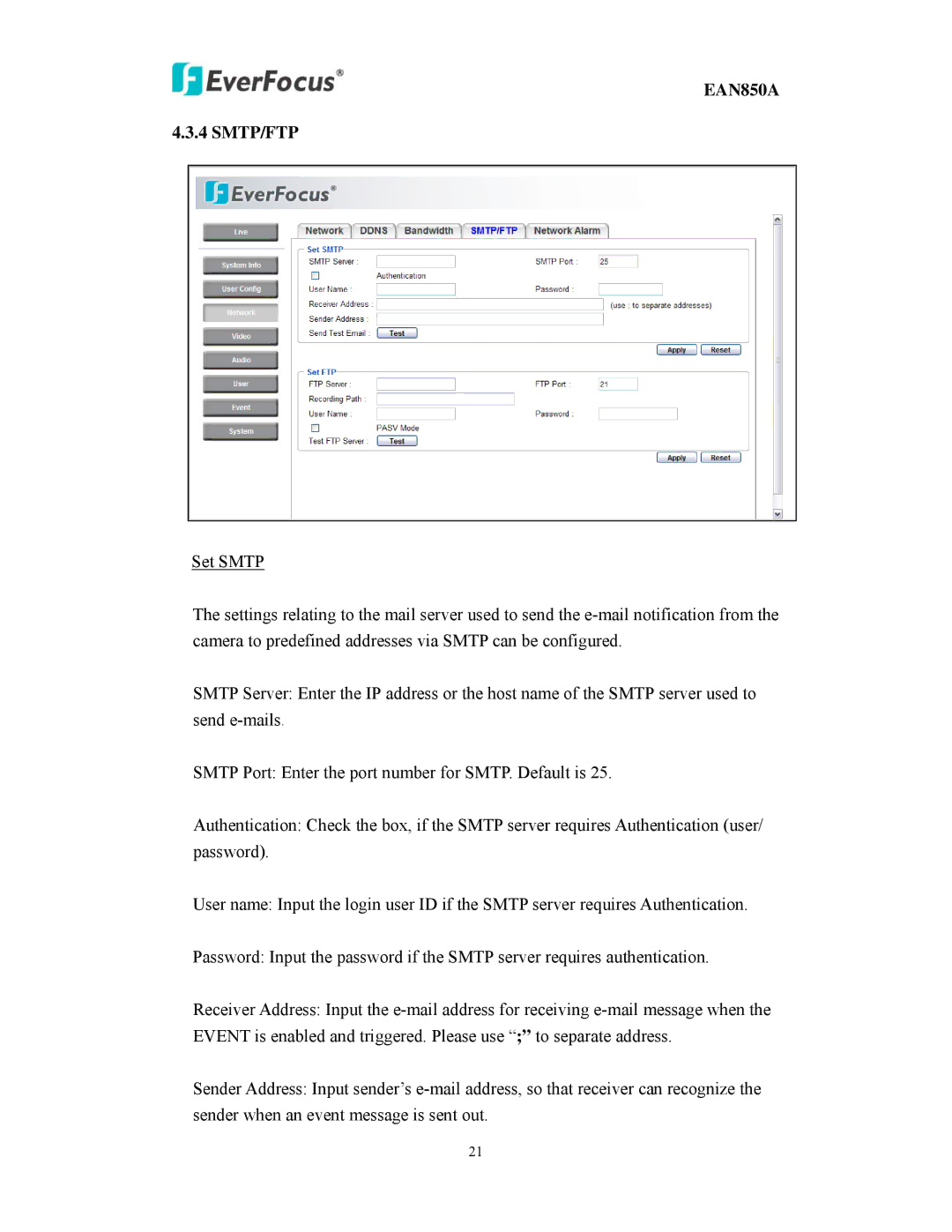 EverFocus EAN850A user manual Smtp/Ftp 